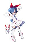  1girl absurdres blue_hair boots bow commentary disgaea dress gloves hair_bow hair_over_one_eye highres nanozenzen open_mouth pleinair rabbit red_bow red_eyes smile solo thighhighs usagi-san white_gloves 