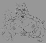  2023 anthro bongo_(yongdasom) canid canine canis chest_tuft grin hi_res male mammal muscular muscular_anthro muscular_male nipples pecs signature sketch smile solo tail tail_motion tailwag tuft wolf yongdasom 
