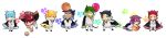  2000s_(style) 6+boys animal_ears animal_hands ball balloon basketball_(object) bell black_bow black_bowtie black_coat black_footwear black_hair blonde_hair blue_bow blue_bowtie blue_hair bow bowtie burger cat_ears cat_tail chibi chibi_only coat cup disposable_cup food fur-trimmed_coat fur_trim green_eyes green_hair highres holding holding_balloon holding_burger holding_food itonoko jingle_bell kuroko_no_basuke male_focus multiple_boys neck_bell one_eye_closed orange_bow orange_bowtie pants paw_print paw_print_background pocky purple_hair red_bow red_bowtie red_hair smile tail v white_background white_coat white_pants wide_image 