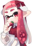  1girl bow food fruit highres holding holding_food holding_fruit inkling_girl inkling_player_character long_hair pointy_ears red_bow red_eyes red_hair sahata_saba simple_background solo splatoon_(series) strawberry tentacle_hair thick_eyebrows upper_body white_background wrist_cuffs 