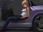  1girl alternate_costume artist_logo black_pants blonde_hair car commentary_request denim green_eyes hand_in_pocket haruto_(harut_n) high_heels jeans kantai_collection long_hair low_twintails mercedes-benz motor_vehicle pants prinz_eugen_(kancolle) solo tank_top twintails vehicle_request white_tank_top 