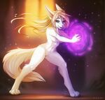  action_pose alex(by_dream) anthro breasts canid canine female floating_hair genitals hair long_hair magic mammal nude paws pose pussy silianor smile solo white_body 