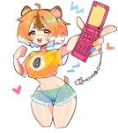  1girl ahoge animal_ears blush breasts brown_hair cellphone character_charm charm_(object) crop_top cropped_legs denim denim_shorts fizzeru flip_phone hamster_ears hamster_girl hamster_tail hamtaro hamtaro_(series) highres holding holding_phone medium_breasts midriff multicolored_hair multicolored_nails nail_polish navel open_mouth orange_hair orange_shirt phone shirt short_hair short_sleeves shorts smile solo thigh_gap upper_body white_background white_hair 