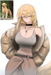  1girl absurdres azz0422 blonde_hair breasts brown_pants choker cleavage coat crop_top dog dog_girl golden_retriever grey_shirt highres jewelry navel necklace open_clothes open_coat original pants photo-referenced shirt yellow_coat yellow_eyes 