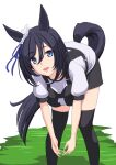  1girl animal_ears black_hair black_shorts black_thighhighs blue_eyes breasts commentary_request ear_ornament eishin_flash_(umamusume) feet_out_of_frame grass highres horse_ears horse_girl horse_tail large_breasts leaning_forward looking_at_viewer open_mouth original_race_uniform_(umamusume) puffy_short_sleeves puffy_sleeves race_bib short_hair short_sleeves shorts simple_background smile solo standing t2r tail thighhighs umamusume white_background 