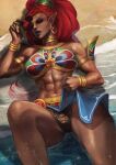  abs absurdres bare_shoulders beach blue_nails dark-skinned_female dark_skin fingernails highres lipstick lying makeup monori_rogue muscular muscular_female nail_polish pointy_ears red_hair sand sunglasses the_legend_of_zelda the_legend_of_zelda:_breath_of_the_wild urbosa 