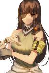  1girl armband assault_rifle breasts brown_eyes brown_hair closed_mouth eyepatch girls&#039;_frontline gloves green_armband green_shirt grey_gloves gun highres long_hair looking_at_viewer m16a1_(girls&#039;_frontline) m4_carbine mask multicolored_hair rifle scar scar_across_eye shirt simple_background skull_mask smile solo tank_top upper_body weapon xanax025 