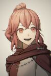  1girl :d anna_(fire_emblem) cape crossed_bangs dress fire_emblem fire_emblem_engage long_hair open_mouth pochiz0 ponytail red_dress red_eyes red_hair smile solo teeth twitter_username two-tone_dress upper_body white_dress 