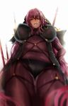  blush bodysuit breasts covered_navel fate/grand_order fate_(series) gae_bolg large_breasts long_hair looking_at_viewer panties polearm purple_hair red_eyes round_teeth scathach_(fate)_(all) scathach_(fate/grand_order) smile solo spear sunlight teeth underwear veil weapon yamada_naoko_(hideko1227) 