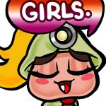 2024 alpha_channel armor blonde_hair blush clothed clothing dialogue english_text eyebrows eyelashes eyes_closed female goomba goombella hair headgear helmet hi_res lesbian_pride_colors lgbt_pride mario_bros necktie nintendo open_mouth original_zin paper_mario pink_body pink_skin pith_helmet ponytail pride_colors simple_background solo teeth_showing text tongue transparent_background waddling_head