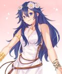  1girl armlet artist_name bare_shoulders bracelet brand_of_the_exalt breasts cleavage closed_mouth dress english_commentary eyelashes fire_emblem fire_emblem_awakening fire_emblem_heroes flower hair_between_eyes hair_flower hair_ornament highres jewelry long_hair looking_at_viewer lucina_(fire_emblem) lucina_(valentine)_(fire_emblem) official_alternate_costume pink_background sidelocks sleeveless sleeveless_dress small_breasts smile solo symbol_in_eye symoca upper_body white_dress 