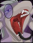  absurd_res anthro avali avian blep digital_media_(artwork) dirtyderelict eyewear feathers glasses headshot_portrait hi_res kerolink male mouth_shot open_mouth portrait purple_eyes sharp_teeth solo teeth tongue tongue_out vore 