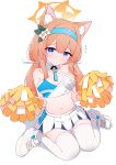  1girl absurdres alternate_costume animal_ears blue_archive blue_eyes blue_hairband breasts bright_pupils cheerleader commentary_request gu_meng_yin hair_ribbon hairband halo highres holding holding_pom_poms long_hair looking_at_viewer mari_(blue_archive) medium_breasts millennium_cheerleader_outfit_(blue_archive) navel orange_hair pom_pom_(cheerleading) ribbon shoes simple_background sitting skirt sneakers solo thighhighs white_background white_footwear white_pupils white_ribbon white_skirt white_thighhighs yellow_halo 