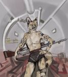  2023 annoyed anthro banoncat big_gun bottomwear caracal caracal_(genus) cigarette clock clothed clothing dagger felid feline fur_tattoo gun_sling hand_on_hip hi_res holding_cigarette holding_object hotpants legband looking_aside male mammal melee_weapon rifle_sling sheathed_dagger shorts slim_anthro solo topless watch weapon wristwatch 