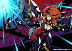  alternate_costume aqua_eyes bodysuit breasts cleavage cleavage_cutout commentary_request dual_wielding firing forehead_protector gun_goddess_miss_fortune highres holding kotatsu_(g-rough) large_breasts league_of_legends lips long_hair mecha_musume muzzle_flash official_art red_hair sarah_fortune shoulder_cannon solo 