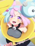  1girl :d blurry blush bow-shaped_hair breasts character_hair_ornament commentary_request depth_of_field grey_shirt hair_ornament happy highres hinotama_(hinotama422) iono_(pokemon) jacket long_hair looking_at_viewer multicolored_hair open_mouth pokemon pokemon_sv sharp_teeth shirt sleeveless sleeveless_shirt smile solo teeth tongue two-tone_hair yellow_jacket 