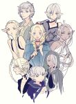  6+girls :d ambrosia_(dungeon_meshi) blonde_hair blue_robe braid breasts choker dark-skinned_female dark_elf dark_skin dress dungeon_meshi elf facial_tattoo grey_eyes grey_hair hair_around_ear highres holding holding_staff hood long_hair looking_at_viewer marcille&#039;s_mother marcille_donato mikura0614 multiple_girls nearly_naked_ribbon old old_woman open_mouth pink_eyes pointy_ears revealing_clothes robe short_hair simple_background smile staff tattoo twin_braids yellow_eyes 