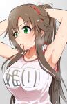  1girl armpits arms_behind_head arms_up blush breasts brown_hair cat_hair_ornament character_name collarbone green_eyes grey_background gym_shirt hair_ornament hair_tie_in_mouth hairband hairclip highres himekawa_yuki idolmaster idolmaster_cinderella_girls idolmaster_cinderella_girls_starlight_stage kapa_(kappa_yousai) long_hair looking_at_another medium_breasts motion_lines mouth_hold name_tag ponytail red_hairband red_trim shirt short_sleeves simple_background solo sweat tying_hair upper_body v-shaped_eyebrows white_shirt 