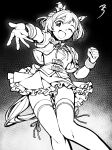  1girl ;d absurdres animal_ears crop_top frilled_skirt frills from_below greyscale highres horse_ears horse_girl horse_tail looking_at_viewer monochrome one_eye_closed sbql_(niaunclefan) short_hair skirt smile solo special_week_(umamusume) tail thighhighs umamusume wrist_cuffs 