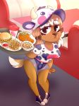  anthro beans beverage burger canine clothed clothing diner dog female food fries frown hair kipp looking_at_viewer mammal shorts simple_background solo standing steak sunnyhoneybone table thigh_gap waiter 