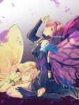  blue_eyes butterfly_wings fairy fairy_wings fire_emblem fire_emblem_heroes gradient_clothes gradient_flower hair_vines highres insect_wings lap_pillow leaf_bracelet nishimura_(shinchinagachi) peony_(fire_emblem) plant plant_hair siblings sisters triandra_(fire_emblem) vines wings 