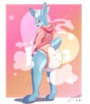  absurd_res after_transformation anthro blush clean_diaper clothing diaper extremius_amphibious hair hi_res hoodie lagomorph leporid looking_back magic male mammal print_diaper rabbit raised_tail rear_view solo steel_shark_(character) tail topwear transformation white_hair 