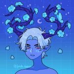  1boy antlers bare_shoulders blue_background blue_butterfly blue_flower blue_hair blue_mouth blue_petals blue_skin blue_theme bug butterfly colored_skin crescent_moon emily_kim facial_mark falling_petals flower freckles glowing glowing_markings gradient_background grid_background highres horns male_focus monster_boy moon open_mouth original petals pink_eyes pointy_ears portrait solo sparkle star_(sky) star_(symbol) star_facial_mark symbol_freckles 