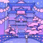 1girl architecture bare_legs bathhouse blue_sky bridge cherry_blossoms commentary crescent_moon east_asian_architecture emily_kim english_commentary from_behind full_body gradient_sky instagram_username lantern long_hair moon night night_sky original paper_lantern ponytail purple_footwear purple_hair purple_shorts purple_sky scenery sen_to_chihiro_no_kamikakushi shirt shoes short_shorts short_sleeves shorts single_stripe sky smoke sneakers socks solo sparkle standing star_(sky) star_(symbol) starry_sky striped_clothes striped_shirt t-shirt tree white_shirt white_socks wide_shot 