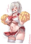  1girl artist_name bare_shoulders blush breasts cheerleader cleavage closed_eyes commentary crop_top ebifurya hairband hashtag-only_commentary highres holding holding_pom_poms kantai_collection large_breasts long_hair looking_at_viewer navel nose_blush one-hour_drawing_challenge open_mouth panties pom_pom_(cheerleading) ponytail red_shirt shirt shoukaku_(kancolle) side-tie_panties sidelocks simple_background skindentation sleeveless smile solo stomach thighhighs translation_request underboob underwear white_background white_hair white_hairband white_panties white_thighhighs 