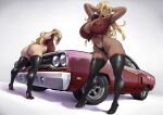  2girls arms_behind_head arms_up artist_logo artist_name ass black_thighhighs blonde_hair blue_eyes boots breasts car cleavage commission dark-skinned_female dark_skin english_commentary glasses goodyear high_heel_boots high_heels highres huge_ass huge_breasts motor_vehicle multiple_girls navel original packge plymouth_(brand) plymouth_road_runner purple_eyes race_queen red_shirt shirt thigh_boots thighhighs 