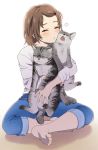  animal bare_legs blush brown_hair cat closed_eyes commentary_request denim hair_ornament hairclip holding holding_animal holding_cat jeans mattaku_mousuke nuzzle original pants pants_rolled_up shirt short_hair sitting sitting_on_floor 