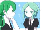  absurdres androgynous bangs black_jacket black_neckwear closed_mouth collared_shirt colored_eyelashes eye_contact eyebrows_visible_through_hair gem_uniform_(houseki_no_kuni) green_eyes green_hair hair_between_eyes hair_rings highres houseki_no_kuni jacket jade_(houseki_no_kuni) long_hair looking_at_another mizuhotsuki multiple_others necktie parted_lips phosphophyllite puffy_short_sleeves puffy_sleeves shirt short_sleeves sweat translation_request uniform wavy_mouth white_shirt 