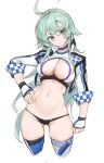  1girl :&lt; absurdres ahoge alternate_eye_color alternate_hair_color ass_visible_through_thighs black_panties blue_choker breasts choker cleavage clenched_hand closed_mouth commentary_request cowboy_shot cropped_jacket cropped_legs fingerless_gloves gloves green_eyes green_hair hand_on_own_hip highres kantai_collection large_breasts long_hair looking_at_viewer medium_hair multicolored_thighhighs navel one-hour_drawing_challenge panties race_queen ryo_(tg290) simple_background solo stomach thong underwear washington_(kancolle) white_background white_gloves 