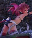  1girl 3d armlet armpits ass bare_back bare_shoulders beanis bikini_top black_bikini_top black_shorts disgaea etna looking_at_viewer makai_senki_disgaea red_eyes red_hair restrained short_shorts shorts skull_earrings solo spread_arms tentacle thighhighs wings 