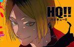  1boy absurdres black_hair blonde_hair bo_toike57 close-up closed_mouth haikyuu!! highres kozume_kenma looking_at_viewer male_focus multicolored_hair orange_background portrait smile solo sweat sweatdrop two-tone_hair yellow_eyes 