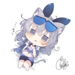  animal_ear_fluff animal_ears barefoot beni_shake black_ribbon black_shorts breasts cat_ears cat_girl cat_tail chibi commentary_request full_body goggles goggles_on_head grey_eyes grey_hair hair_ribbon hands_up honkai:_star_rail honkai_(series) kemonomimi_mode long_hair navel open_mouth paw_pose ribbon shadow shorts signature silver_wolf_(honkai:_star_rail) simple_background small_breasts tail translation_request very_long_hair white_background 