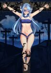  1girl armpits arms_up bandeau bare_shoulders blue_eyes blue_hair blue_hairband christa_ellianna_fluica crucifixion full_body groin hairband highres long_hair looking_at_viewer navel one_eye_closed original solo stomach strapless thighs tube_top very_long_hair yasume_yukito 