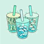  artist_name bamboo cloud commentary crescent_moon cup disposable_cup drink drinking_straw emily_kim english_commentary english_text food_focus green_background moon no_humans original simple_background sparkle sprout star_(symbol) tea waves 