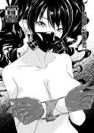  1girl breasts cleavage collarbone commentary_request cover cover_page doujin_cover gas_mask girls&#039;_frontline gloves greyscale highres holding holding_clothes holding_panties holding_underwear large_breasts looking_at_viewer mask mizukamakiri monochrome nude panties presenting_removed_panties respirator sangvis_ferri scarecrow_(girls&#039;_frontline) solo string_panties thong twintails underwear unworn_panties 