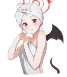  1girl auui black_tail black_wings blue_archive collarbone demon_wings grey_hair halo haruna_(blue_archive) highres red_eyes red_halo simple_background single_wing solo towel towel_on_head upper_body white_background wings 