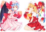  2girls :p absurdres arm_up ascot bat_wings blonde_hair blue_brooch blue_hair blurry breasts brooch commentary_request crystal depth_of_field flandre_scarlet food food-themed_background frilled_shirt_collar frilled_skirt frills fruit fruit_background hair_between_eyes hat hat_ribbon highres holding holding_food holding_fruit jewelry juice licking_lips looking_at_viewer mob_cap multiple_girls petticoat pink_hat pink_shirt pink_skirt puffy_short_sleeves puffy_sleeves red_ascot red_eyes red_skirt red_vest remilia_scarlet ribbon seiza shirt short_hair short_sleeves siblings side_ponytail simple_background sisters sitting skirt skirt_set small_breasts smile solanikieru solo strawberry tongue tongue_out touhou vest wariza white_background white_hat white_shirt wings wrist_cuffs yellow_ascot 