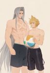  2boys absurdres ball beachball black_male_swimwear blonde_hair blue_eyes chicken_movement closed_mouth cloud_strife commentary_request earrings final_fantasy final_fantasy_vii green_eyes grey_hair highres holding holding_ball holding_beachball jewelry long_bangs long_hair male_focus male_swimwear multiple_boys parted_bangs sephiroth short_hair single_earring spiked_hair standing swim_trunks tan tanlines topless_male 