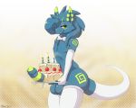  2018 anthro armwear balls birthday_cake bow_tie cake candle clothing dax digital_media_(artwork) don_ko dragon food furgonomics girly green_eyes humanoid_penis legwear looking_at_viewer male markings penis solo striped_penis tail_clothing 