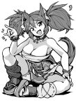  1girl :d absurdres animal_ears asymmetrical_legwear bare_shoulders breasts chest_sarashi fang fox_mask fox_shadow_puppet full_body geta greyscale hair_between_eyes highres horse_ears horse_girl horse_tail inari_one_(umamusume) large_breasts long_hair looking_at_viewer mask mask_on_head mismatched_legwear monochrome sarashi sbql_(niaunclefan) simple_background sitting smile solo tail twintails umamusume white_background 