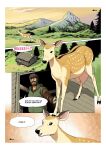  aoino_broome beard brown_hair cabin cervine clothed clothing cloven_hooves comic conditional_dnp day deer detailed_background dialogue doorway duo english_text facial_hair female feral hair hi_res hooves human male mammal markings spots spotted_body tan_body teats text udders 