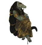  2023 5_toes accessory ammit ammit_(moon_knight) anthro armlet bandage barefoot big_hair biped black_claws black_hair bracelet braided_hair brown_clothing brown_dress claws clothed clothed_anthro clothed_female clothing crocodile crocodilian crocodylid crossed_arms dark_claws dark_hair deity digital_drawing_(artwork) digital_media_(artwork) dress egyptian_headdress egyptian_mythology facial_markings feet feet_wraps female fingers full-length_portrait gold_(metal) gold_armlet gold_bracelet gold_jewelry gold_markings green_body green_scales hair hair_accessory hair_ring head_markings hi_res humanoid_feet humanoid_hands jewelry kxamtrr light_body light_scales long_hair looking_at_viewer markings marvel marvel_cinematic_universe middle_eastern_mythology monotone_body monotone_scales moon_knight_(series) mouth_closed mythology nemes_(clothing) no_irises plantigrade portrait pupils reptile scales scalie simple_background sitting snout solo teeth toe_claws toes white_background wraps yellow_sclera 