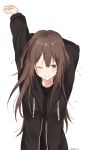  artist_name black_shirt blush brown_eyes brown_hair closed_mouth commentary commission eyebrows_visible_through_hair hands_up highres hood hood_down hoodie mochii one_eye_closed original shirt signature simple_background solo stretch upper_body white_background 