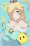  1girl absurdres aqua_dress aqua_eyes bare_shoulders blonde_hair breasts cleavage collarbone crown dress earrings hair_over_one_eye highres holding holding_wand jewelry ka_doku long_hair looking_to_the_side luma_(mario) mario_(series) off-shoulder_dress off_shoulder rosalina solo star_(symbol) star_earrings star_wand super_mario_galaxy upper_body wand 