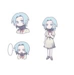  1girl absurdres blank_speech_bubble blue_eyes blue_hair chinese_commentary closed_mouth collared_dress commentary_request dress enomoto_noa full_body hand_on_own_chest highres light_blue_hair mary_janes multiple_views neck_ribbon no_nose open_mouth parted_bangs puffy_short_sleeves puffy_sleeves red_ribbon ribbon saibou_shinkyoku shoes short_hair short_sleeves simple_background speech_bubble striped_clothes striped_dress sunoom17 tearing_up vertical-striped_clothes vertical-striped_dress white_background yellow_dress 
