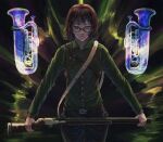  backpack bag beholder564 belt brown_eyes brown_hair character_request glasses green_shirt gun highres holding holding_gun holding_weapon instrument long_sleeves looking_at_viewer medium_hair pants runes shirt solo triangle_ring tuba weapon world_of_horror 